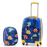 DREAMADE Kinderkoffer Set, Kinderkoffer 2tlg. Kinder Trolley Set, Kindergepäck Reisetrolley Reise Koffer für Kinder, Kinderkoffer mit Rucksack, 18 Zoll + 12 Zoll (Auto-Muster)