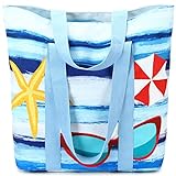 LOIDOU Große Strandtasche Tote Bag mit Taschen Damen-Shopper Frauen Mädchen Nette Strand Pool Tasche Weekender Reise Umhängetasche (Blaue Streifen-Sonnenbrille)